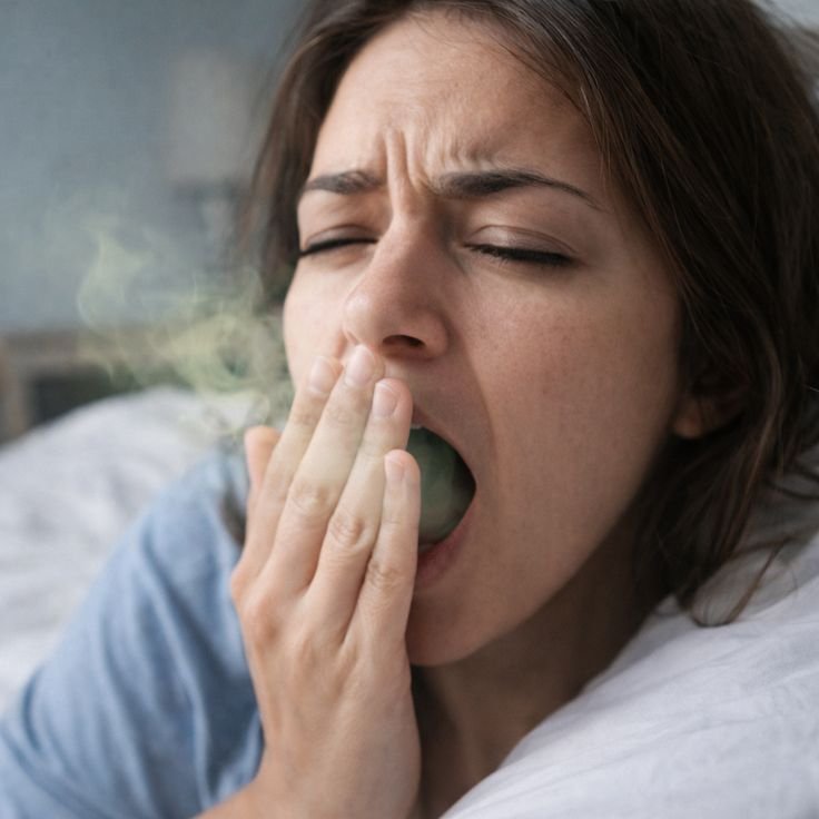 Woman experiencing persistent bad breath despite regular brushing, caused by oral microbiome imbalance